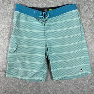 Quiksilver Board Shorts Mens 32 Teal Waterman Collection Striped 4-Way Stretch